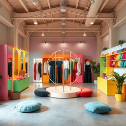 A unique and vibrant warehouse design for showcasing women's anti-fluid uniforms, blouses, and pants