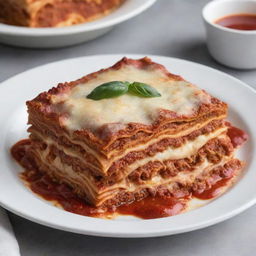 A perfectly layered lasagna with bubbling cheese, rich red sauce and pastorally cooked noodles, served on a pristine white plate.