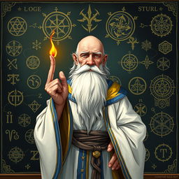 A captivating character illustration of an old, balding wizard standing in front of a blackboard filled with elaborate magical runes and sigils