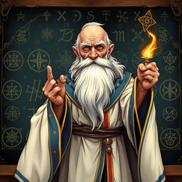 A captivating character illustration of an old, balding wizard standing in front of a blackboard filled with elaborate magical runes and sigils