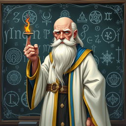 A captivating character illustration of an old, balding wizard standing in front of a blackboard filled with elaborate magical runes and sigils