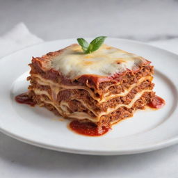 A perfectly layered lasagna with bubbling cheese, rich red sauce and pastorally cooked noodles, served on a pristine white plate.