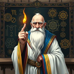 A captivating character illustration of an old, balding wizard standing in front of a blackboard filled with elaborate magical runes and sigils