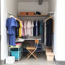 A budget-friendly remodel for a 3x2 meter warehouse space to display women's anti-fluid uniforms, blouses, and pants