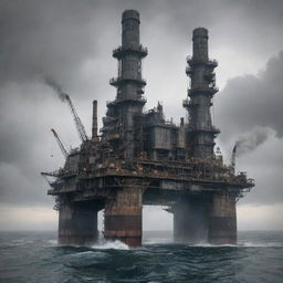 A hulking dieselpunk oil rig, constructed with rugged iron, intricate machinery, and belching smoke stacks, set in an oil-slicked sea under a grey, smoggy sky.