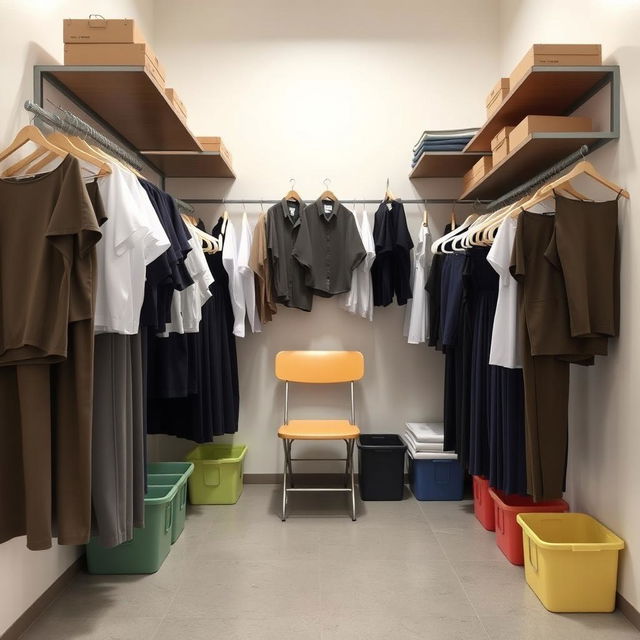 A budget-friendly remodel for a 3x2 meter warehouse space to display women's anti-fluid uniforms, blouses, and pants