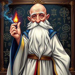 An enchanting character illustration of an old, balding wizard standing in front of a blackboard filled with magical runes and sigils