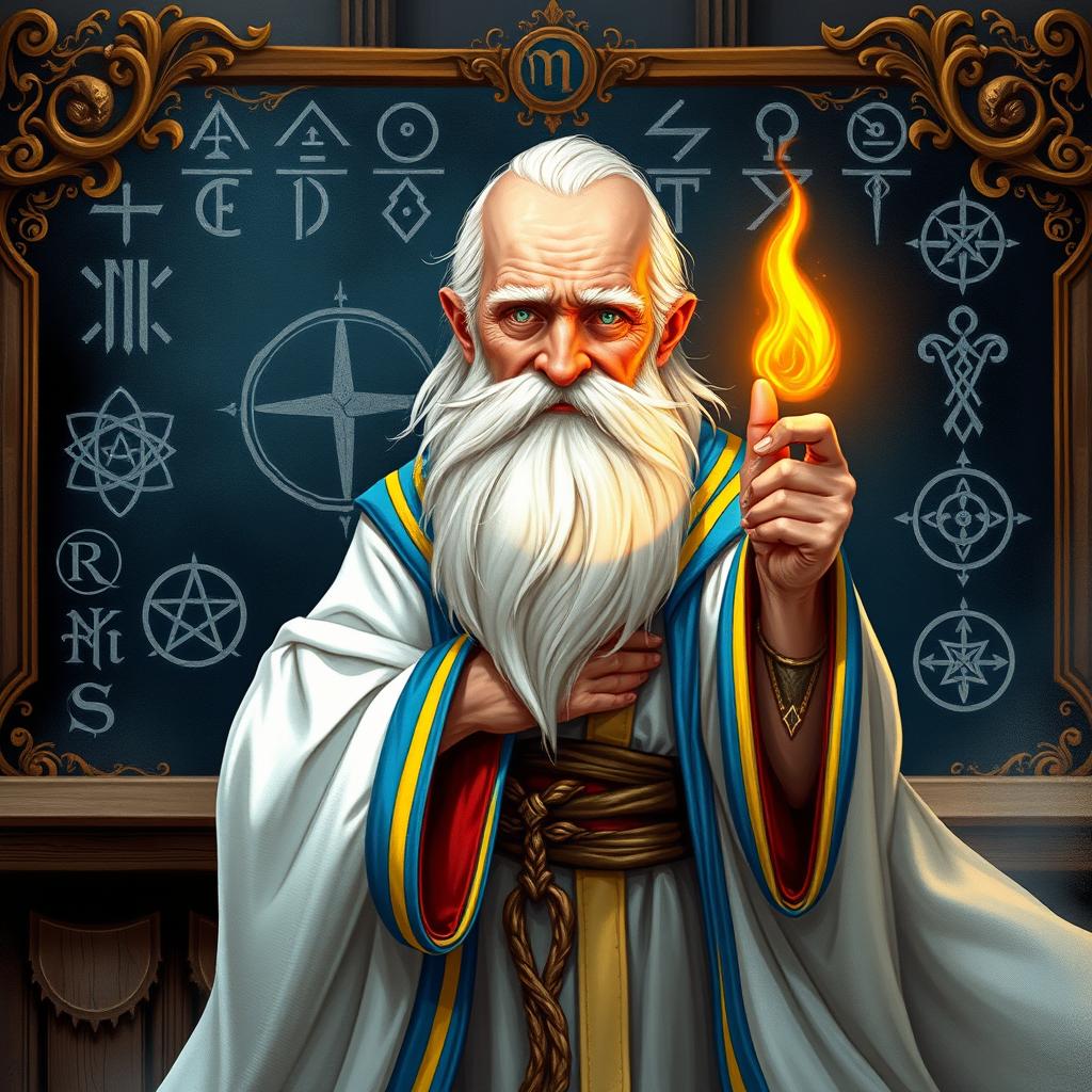 An enchanting character illustration of an old, balding wizard standing in front of a blackboard filled with magical runes and sigils