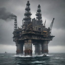 A hulking dieselpunk oil rig, constructed with rugged iron, intricate machinery, and belching smoke stacks, set in an oil-slicked sea under a grey, smoggy sky.