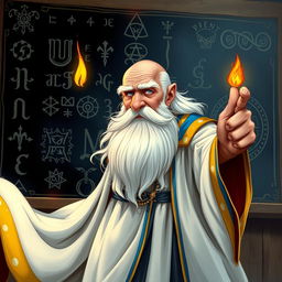 An enchanting character illustration of an old, balding wizard standing in front of a blackboard filled with magical runes and sigils