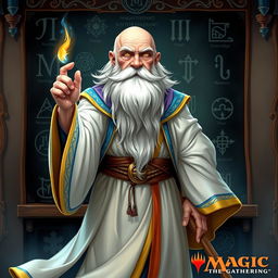 An enchanting character illustration of an old, balding wizard standing in front of a blackboard filled with magical runes and sigils