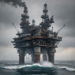 A hulking dieselpunk oil rig, constructed with rugged iron, intricate machinery, and belching smoke stacks, set in an oil-slicked sea under a grey, smoggy sky.