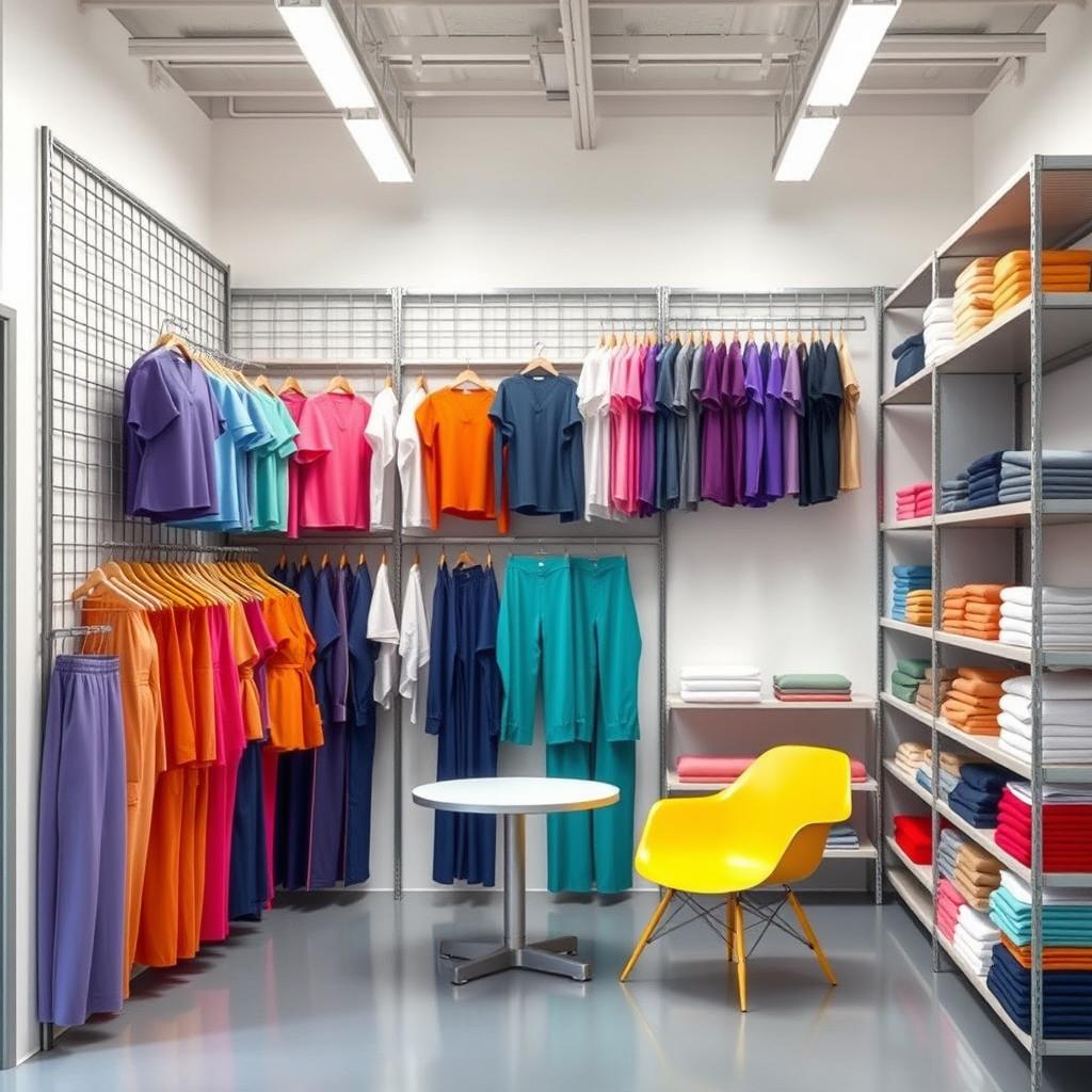 A remodeled view of the warehouse based on the provided image, designed to display women's anti-fluid uniforms, blouses, and pants