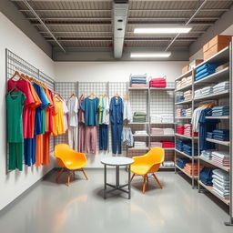 A remodeled view of the warehouse based on the provided image, designed to display women's anti-fluid uniforms, blouses, and pants