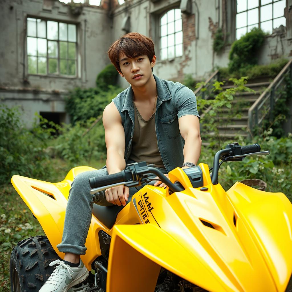 A hot Korean male with brown hair styled with bangs on both sides, casually sitting on a vibrant yellow ATV