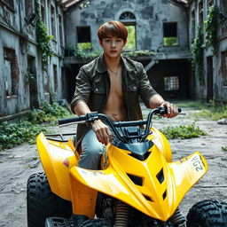 A hot Korean male with brown hair styled with bangs on both sides, casually sitting on a vibrant yellow ATV