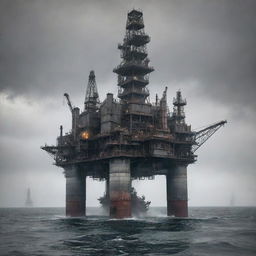 A hulking dieselpunk oil rig, constructed with rugged iron, intricate machinery, and belching smoke stacks, set in an oil-slicked sea under a grey, smoggy sky.