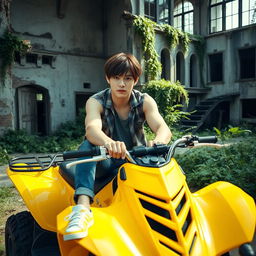 A hot Korean male with brown hair styled with bangs on both sides, casually sitting on a vibrant yellow ATV