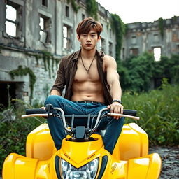 A hot Korean male with brown hair styled with bangs on both sides, casually sitting on a vibrant yellow ATV