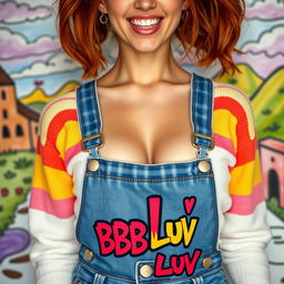 A close-up shot of a gorgeous female with beautiful auburn hair styled in playful pigtails, wearing a colorful rainbow half sweater that reveals her midriff, paired with denim overalls featuring a vibrant graffiti logo that reads "BBC LUV"