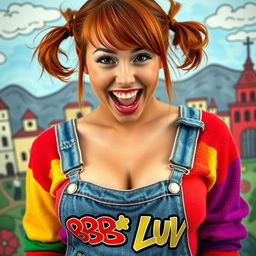 A close-up shot of a gorgeous female with beautiful auburn hair styled in playful pigtails, wearing a colorful rainbow half sweater that reveals her midriff, paired with denim overalls featuring a vibrant graffiti logo that reads "BBC LUV"