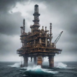 An imaginative gaspunk oil rig, designed with swirling gas pipes, leaking valves, and loose gas clouds, resting on a turbulent sea under a hazy, ethereal sky.