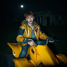 A hot Korean male with brown hair styled with bangs on both sides, confidently sitting on a vibrant yellow ATV at night