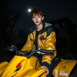 A hot Korean male with brown hair styled with bangs on both sides, confidently sitting on a vibrant yellow ATV at night