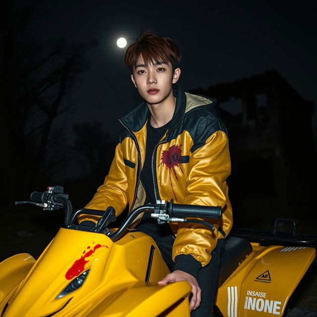 A hot Korean male with brown hair styled with bangs on both sides, confidently sitting on a vibrant yellow ATV at night