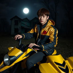 A hot Korean male with brown hair styled with bangs on both sides, confidently sitting on a vibrant yellow ATV at night