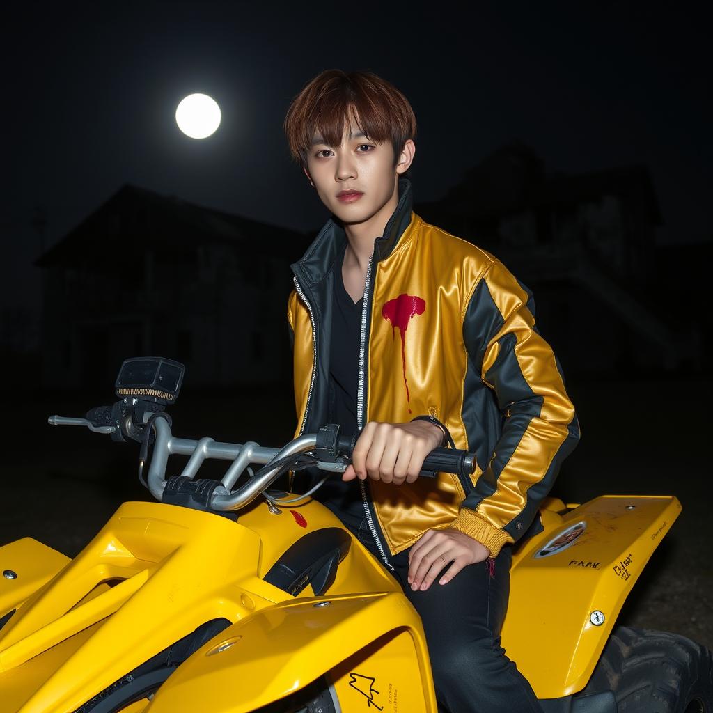 A hot Korean male with brown hair styled with bangs on both sides, confidently sitting on a vibrant yellow ATV at night