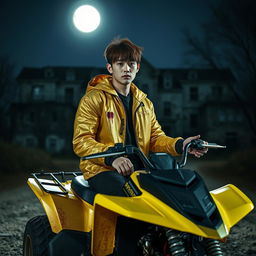 A hot Korean male with brown hair styled with bangs on both sides, confidently sitting on a vibrant yellow ATV at night