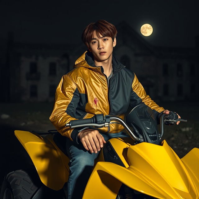 A hot Korean male with brown hair styled with bangs on both sides, confidently sitting on a vibrant yellow ATV at night