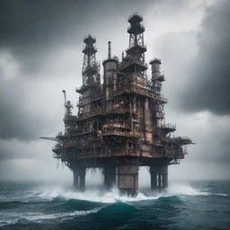 An imaginative gaspunk oil rig, designed with swirling gas pipes, leaking valves, and loose gas clouds, resting on a turbulent sea under a hazy, ethereal sky.