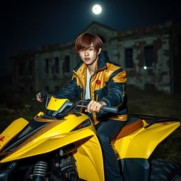 A hot Korean male with brown hair styled with bangs on both sides, confidently sitting on a vibrant yellow ATV at night