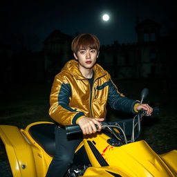 A hot Korean male with brown hair styled with bangs on both sides, confidently sitting on a vibrant yellow ATV at night