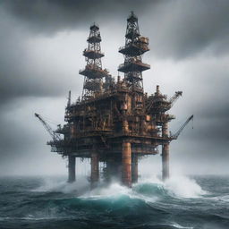 An imaginative gaspunk oil rig, designed with swirling gas pipes, leaking valves, and loose gas clouds, resting on a turbulent sea under a hazy, ethereal sky.