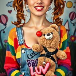 A close-up portrait of a gorgeous female with stunning auburn hair styled in playful pigtails