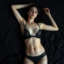 A captivating young goth brunette woman, approximately 19 years old, dressed in stylish and edgy underwear, lying gracefully on a dark-toned bed