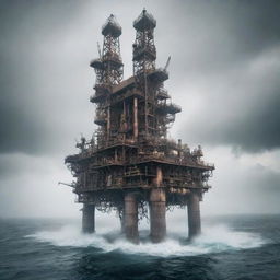 An imaginative gaspunk oil rig, designed with swirling gas pipes, leaking valves, and loose gas clouds, resting on a turbulent sea under a hazy, ethereal sky.