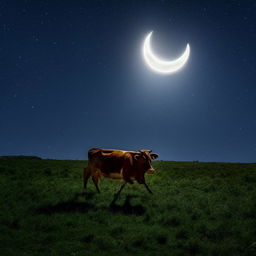 A nice healthy cow gracefully arcing over a brightly lit full moon against a star-filled night sky