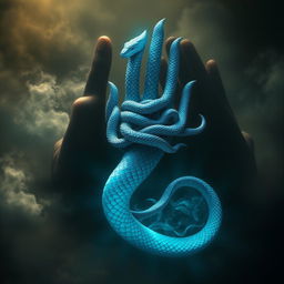 A stunning and mystical scene depicting an azure serpent emerging from obscuring shadows, its movements flowing and graceful, as if orchestrated by the very fabric of the universe