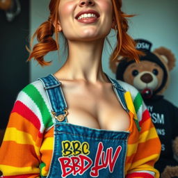 A close-up portrait of a gorgeous female with auburn hair styled in playful pigtails, wearing a rainbow-patterned half sweater that accentuates her midriff, showcasing her toned torso