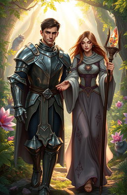 A fantastical adventure scene featuring a handsome male knight in shining armor, alongside a beautiful blind female sorceress