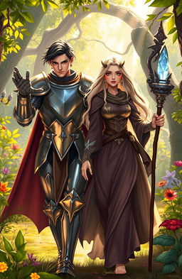 A fantastical adventure scene featuring a handsome male knight in shining armor, alongside a beautiful blind female sorceress