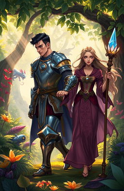 A fantastical adventure scene featuring a handsome male knight in shining armor, alongside a beautiful blind female sorceress