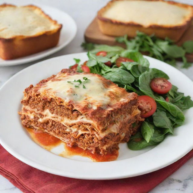 The previously described perfect lasagna on a pristine white plate, this time overflowing with layers, accompanied by a healthy serving of garlic bread and a leafy side salad with vinaigrette.