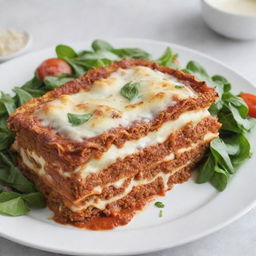 The previously described perfect lasagna on a pristine white plate, this time overflowing with layers, accompanied by a healthy serving of garlic bread and a leafy side salad with vinaigrette.