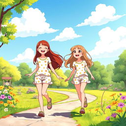 A vibrant and colorful animated scene featuring identical teenage twin girls, both 16 years old, with long flowing hair in shades of auburn and light brown