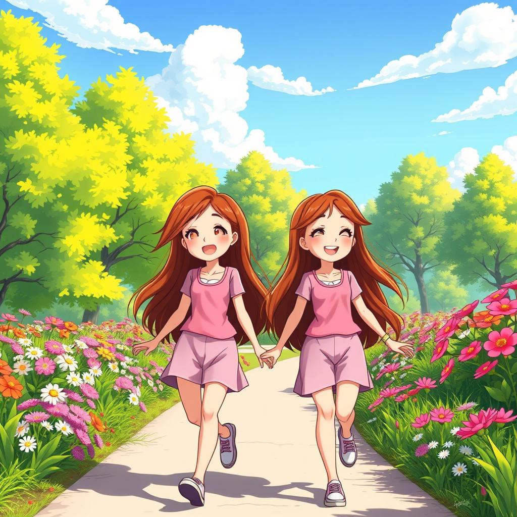 A vibrant and colorful animated scene featuring identical teenage twin girls, both 16 years old, with long flowing hair in shades of auburn and light brown